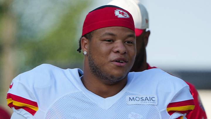 Aug 3, 2026; Kansas City, MO, USA; Kansas City Chiefs   defensive lineman Peter Woods (99) walks down the hill to the fields prior to training camp at Missouri Western University. Mandatory Credit: Denny Medley-Imagn Images