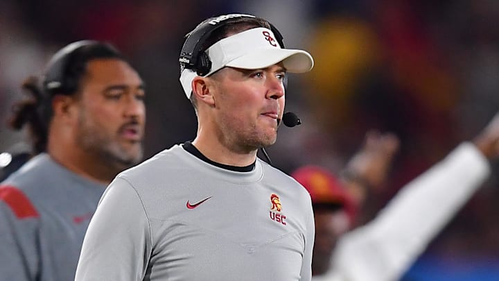 Nov 19, 2022; Pasadena, California, USA; Southern California Trojans head coach Lincoln Riley watches game action against the UCLA Bruins during the second half at the Rose Bowl. Mandatory Credit: Gary A. Vasquez-Imagn Images