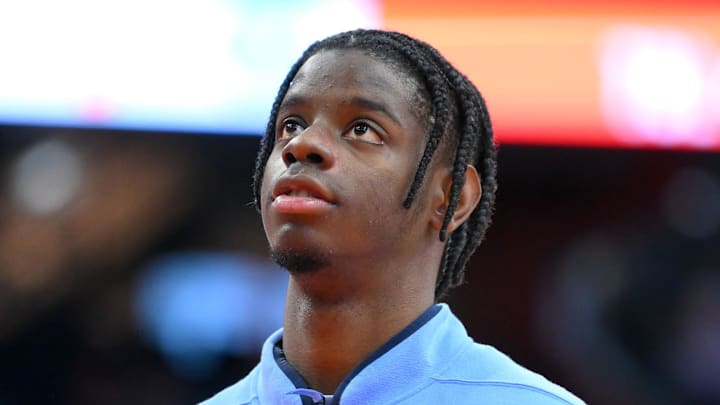 Feb 21, 2026; Syracuse, New York, USA; North Carolina Tar Heels forward Caleb Wilson (8) looks on prior to the game against the Syracuse Orange at the JMA Wireless Dome. Mandatory Credit: Rich Barnes-Imagn Images