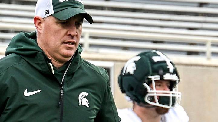 Michigan State's head coach Pat Fitzgerald and the Spartans takes the field during the football Spring Showcase on Saturday, April 18, 2026, at Spartan Stadium in East Lansing.