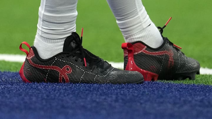 The customized cleats worn by Buffalo Bills safety Damar Hamlin as part of the My Cause, My Cleats initiative.