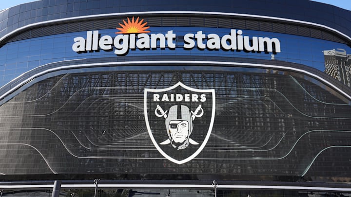 Feb 3, 2022; Las Vegas, NV, USA; The Las Vegas Raiders shield logo is seen on the Allegiant Stadium marquee sign. Mandatory Credit: Kirby Lee-Imagn Images