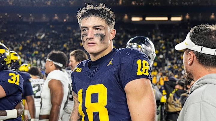Michigan tight end Colston Loveland (18) walks off the field after 38-17 loss to Oregon at Michigan Stadium in Ann Arbor on Saturday, Nov. 2, 2024.