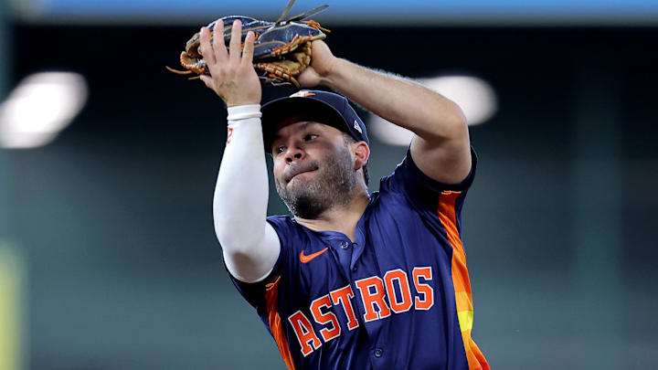 Houston Astros second baseman Jose Altuve (27) catches a fly ball for an out against the Baltimore Orioles during the second inning at Daikin Park. Houston Astros second baseman Jose Altuve (27) catches a fly ball for an out against the Baltimore Orioles during the second inning at Daikin Park.