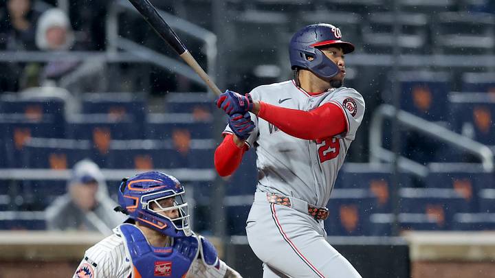 Apr 29, 2026; New York City, New York, USA; Washington Nationals designated hitter James Wood (29) follows through on a two run double against the New York Mets during the seventh inning at Citi Field. Mandatory Credit: Brad Penner-Imagn Images
