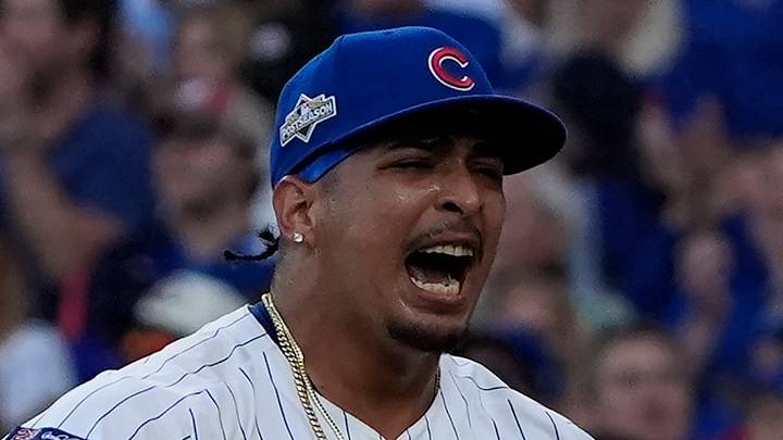 Oct 2, 2025; Chicago, Illinois, USA; Chicago Cubs pitcher Daniel Palencia (48) reacts against the San Diego Padres during game three of the Wildcard round for the 2025 MLB playoffs at Wrigley Field. Mandatory Credit: David Banks-Imagn Images