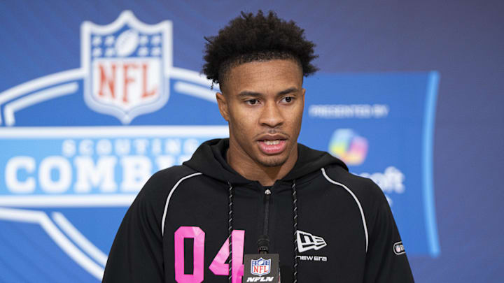 Feb 26, 2026; Indianapolis, IN, USA; South Carolina defensive back Brandon Cisse (DB04) speaks to members of the media during the NFL Combine at the Indiana Convention Center. Mandatory Credit: Jacob Musselman-Imagn Images