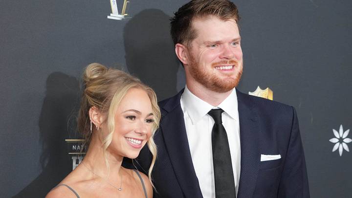 Sam Darnold and Katie Hoofnagle on the red carpet before Super Bowl LIX NFL Honors at Saenger Theatre.