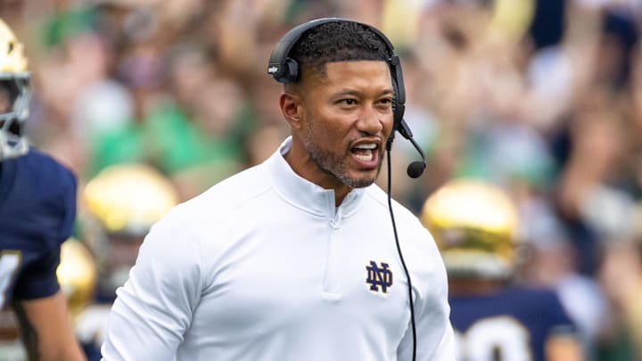 Notre Dame head coach Marcus Freeman celebrates against the Purdue Boilermakers at Notre Dame Stadium. 