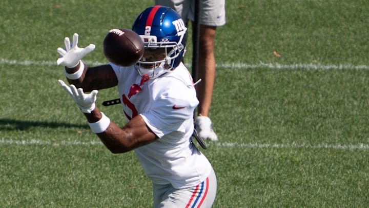 Aug 12, 2025; Florham Park, NJ, USA; at Atlantic Health Jets Training Center. The Giants and Jets participate in a joint practice at the Jets' training facility in Florham Park. New York Giants #2 Juice Wells Jr. Aug 12, 2025; Florham Park, NJ, USA; at Atlantic Health Jets Training Center. The Giants and Jets participate in a joint practice at the Jets' training facility in Florham Park. New York Giants #2 Juice Wells Jr.