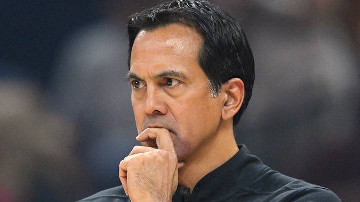 Mar 25, 2026; Cleveland, Ohio, USA; Miami Heat head coach Erik Spoelstra stands on the court in the third quarter against the Cleveland Cavaliers at Rocket Arena. Mandatory Credit: David Richard-Imagn Images Mar 25, 2026; Cleveland, Ohio, USA; Miami Heat head coach Erik Spoelstra stands on the court in the third quarter against the Cleveland Cavaliers at Rocket Arena. Mandatory Credit: David Richard-Imagn Images