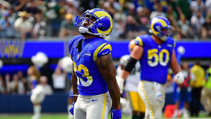 Oct 6, 2024; Inglewood, California, USA; Los Angeles Rams running back Kyren Williams (23) celebrates his touchdown scored agaisnt the Green Bay Packers during the first half at SoFi Stadium.