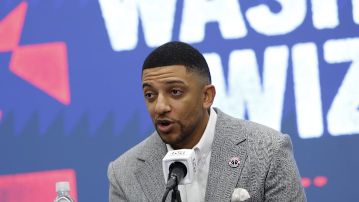 Jan 9, 2026; Washington, District of Columbia, USA; Washington Wizards general manager Will Dawkins  introduces newly acquired Wizards guard Trae Young (not pictured) at a press conference prior to the Wizards' game against the New Orleans Pelicans at Capital One Arena. Mandatory Credit: Geoff Burke-Imagn Images