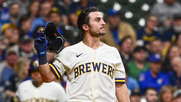 Apr 15, 2026; Milwaukee, Wisconsin, USA;  Milwaukee Brewers right fielder Sal Frelick (10) reacts after striking out in the fifth inning against the Toronto Blue Jays at American Family Field. Mandatory Credit: Benny Sieu-Imagn Images