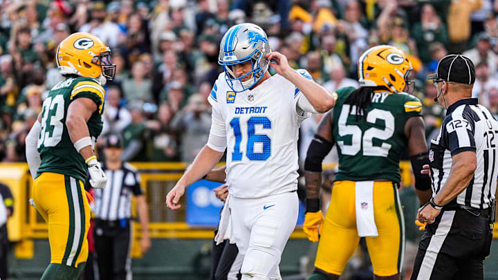 Detroit Lions quarterback Jared Goff walks off the field after a failed third-down conversion against the Green Bay Packers during the second half at Lambeau Field in Green Bay, Wis., on Sunday, September 7, 2025.