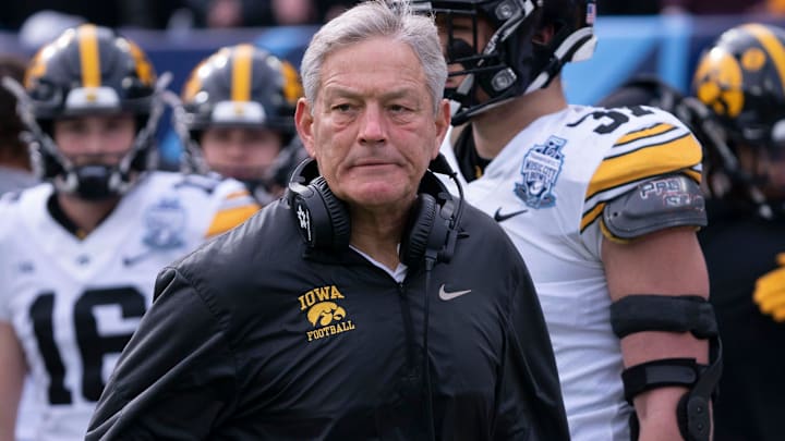 Iowa head coach Kirk Ferentz paces the sideline during the first quarter of the TransPerfect Music City Bowl game against Kentucky, Saturday, Dec. 31, 2022, at Nissan Stadium in Nashville, Tenn.

Syndication The Tennessean
