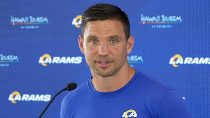 Jun 3, 2025; Woodland Hills, CA, USA; Los Angeles Rams defensive coordinator Chris Shula at press conference during organized team activities at Rams Practice Facility. Mandatory Credit: Kirby Lee-Imagn Images