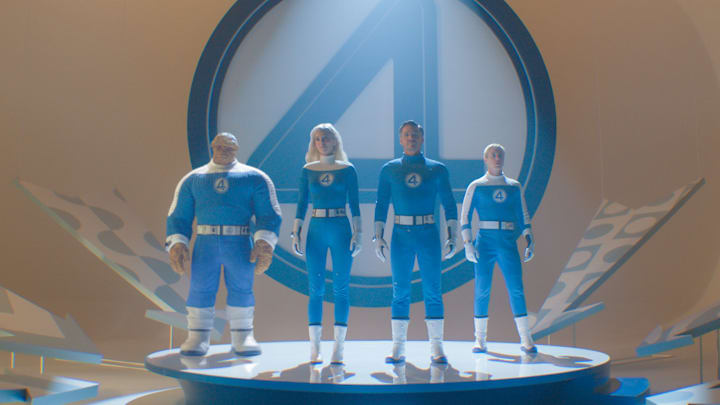 (L-R): Ebon Moss-Bachrach as Ben Grimm/The Thing, Vanessa Kirby as Sue Storm/Invisible Woman, Pedro Pascal as Reed Richards/Mister Fantastic and Joseph Quinn as Johnny Storm/Human Torch in 20th Century Studios/Marvel Studios' FANTASTIC FOUR: FIRST STEPS. Photo courtesy of 20th Century Studios/Marvel Studios. © 2025 20th Century Studios / © and ™ 2025 MARVEL.