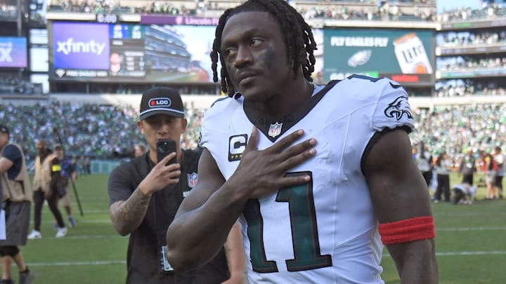 Philadelphia Eagles wide receiver AJ. Brown (11) walks off the field after a win against the Los Angeles Rams at Lincoln Financial Field.