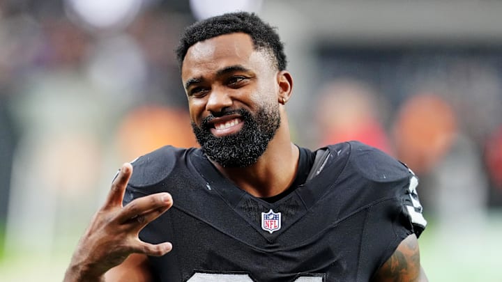 Oct 12, 2025; Paradise, Nevada, USA; Las Vegas Raiders running back Raheem Mostert (31) reacts after the game against the Tennessee Titans at Allegiant Stadium. Mandatory Credit: Stephen R. Sylvanie-Imagn Images