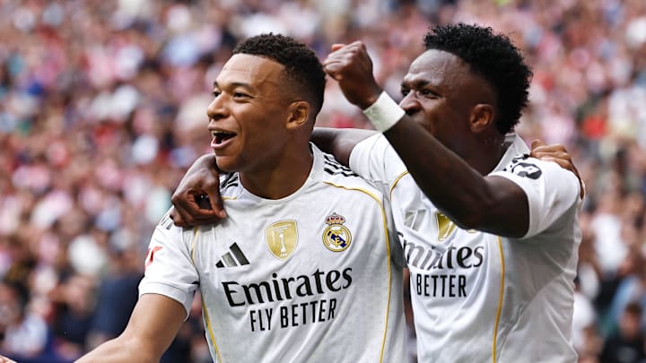 Kylian Mbappé (left) and Vinícius Júnior will lead Real Madrid’s attack.
