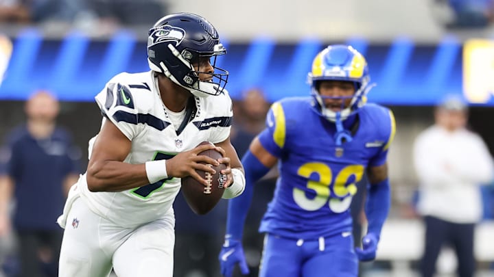 Jan 5, 2025; Inglewood, California, USA;  Seattle Seahawks Quarterback (7) SoFi Stadium for the Seattle Seahawks at Los Angeles Rams Week 18 matchup.