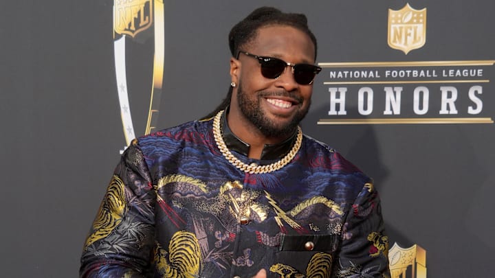 Feb 8, 2024; Las Vegas, NV, USA; Gerald McCoy on the red carpet before the NFL Honors show at Resorts World Theatre. Mandatory Credit: Kirby Lee-Imagn Images