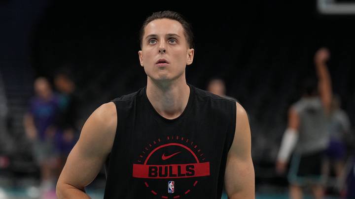 Dec 12, 2025; Charlotte, North Carolina, USA; Chicago Bulls forward Zach Collins (12) shoots during pregame warm ups against the Charlotte Hornets at Spectrum Center. Mandatory Credit: Jim Dedmon-Imagn Images