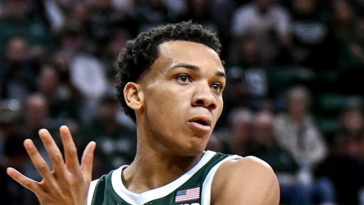 Michigan State's Divine Ugochukwu passes the ball against Northwestern during the first half on Thursday, Jan. 8, 2026, at the Breslin Center in East Lansing.