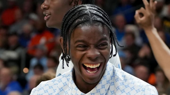 Mar 19, 2026; Greenville, SC, USA; North Carolina Tar Heels forward Caleb Wilson (8) celebrates after a play against the VCU Rams in the second half of a first round game of the men's 2026 NCAA Tournament at Bon Secours Wellness Arena. Mandatory Credit: Bob Donnan-Imagn Images