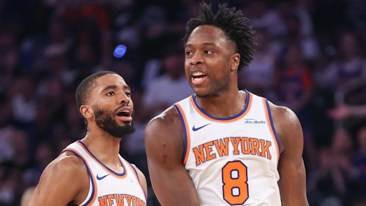 New York Knicks forward OG Anunoby celebrates after scoring with forward Mikal Bridges. Mandatory Credit: Wendell Cruz-Imagn Images