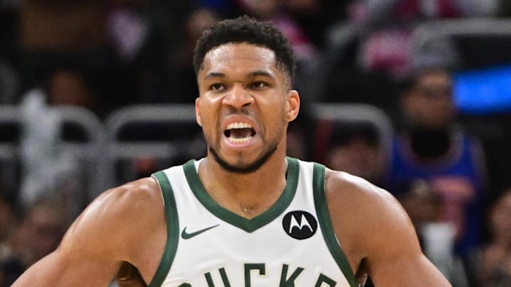 Milwaukee Bucks forward Giannis Antetokounmpo (34) reacts after scoring a basket in the 3rd quarter against the New York Knicks at Fiserv Forum on October 28, 2025.