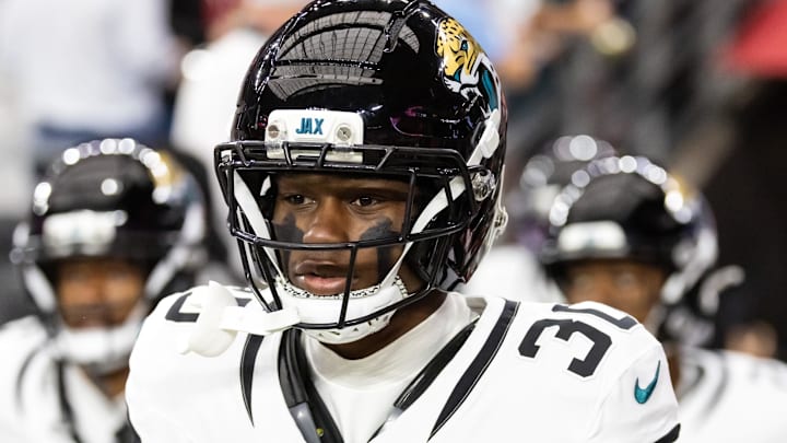Nov 23, 2025; Glendale, Arizona, USA; Jacksonville Jaguars cornerback Montaric Brown (30) against the Arizona Cardinals at State Farm Stadium. Mandatory Credit: Mark J. Rebilas-Imagn Images