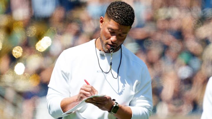 Notre Dame head coach Marcus Freeman during the Blue-Gold spring game at Notre Dame Stadium on Saturday, April 25, 2026, in South Bend. Notre Dame head coach Marcus Freeman during the Blue-Gold spring game at Notre Dame Stadium on Saturday, April 25, 2026, in South Bend.