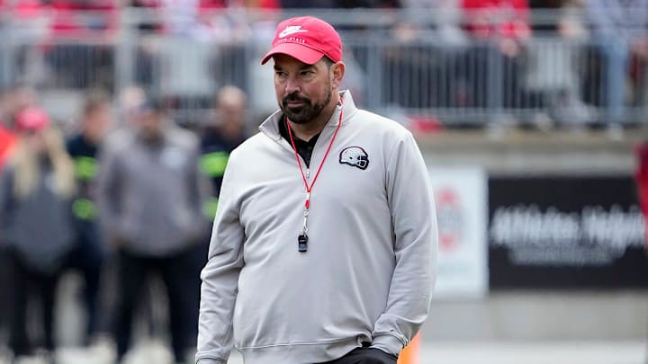 Ohio State Buckeye head coach Ryan Day watches his team in the 2nd half during the spring game at Ohio Stadium on April 12, 2025.