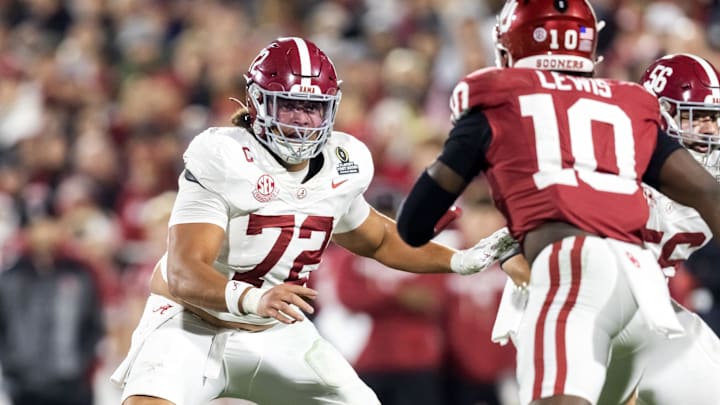 Dec 19, 2025; Norman, OK, USA; Alabama Crimson Tide offensive lineman Parker Brailsford (72) against the Oklahoma Sooners during the CFP National Playoff First Round at Gaylord Family Oklahoma Memorial Stadium. Mandatory Credit: Mark J. Rebilas-Imagn Images