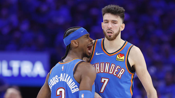May 22, 2025; Oklahoma City, Oklahoma, USA; Oklahoma City Thunder guard Shai Gilgeous-Alexander (2) and forward Chet Holmgren (7) celebrate after a play against the Minnesota Timberwolves in the third quarter during game two of the western conference finals for the 2025 NBA Playoffs at Paycom Center. Mandatory Credit: Alonzo Adams-Imagn Images May 22, 2025; Oklahoma City, Oklahoma, USA; Oklahoma City Thunder guard Shai Gilgeous-Alexander (2) and forward Chet Holmgren (7) celebrate after a play against the Minnesota Timberwolves in the third quarter during game two of the western conference finals for the 2025 NBA Playoffs at Paycom Center. Mandatory Credit: Alonzo Adams-Imagn Images