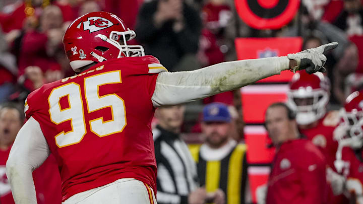 Dec 25, 2025; Kansas City, Missouri, USA; Kansas City Chiefs defensive tackle Chris Jones (95) celebrates after a play during the fourth quarter at GEHA Field at Arrowhead Stadium. Mandatory Credit: Denny Medley-Imagn Images
