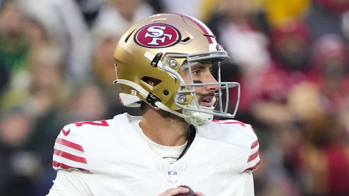 Nov 24, 2024; Green Bay, Wisconsin, USA; San Francisco 49ers quarterback Brandon Allen (17) drops back to pass during the first quarter against the Green Bay Packers at Lambeau Field. Mandatory Credit: Jeff Hanisch-Imagn Images Nov 24, 2024; Green Bay, Wisconsin, USA; San Francisco 49ers quarterback Brandon Allen (17) drops back to pass during the first quarter against the Green Bay Packers at Lambeau Field. Mandatory Credit: Jeff Hanisch-Imagn Images