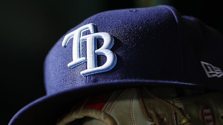 Apr 3, 2023; Washington, District of Columbia, USA; A general view of a Tampa Bay Rays hat and glove during the seventh inning of the game against the Washington Nationals at Nationals Park. Apr 3, 2023; Washington, District of Columbia, USA; A general view of a Tampa Bay Rays hat and glove during the seventh inning of the game against the Washington Nationals at Nationals Park.