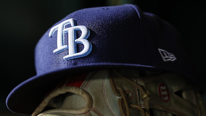 Apr 3, 2023; Washington, District of Columbia, USA; A general view of a Tampa Bay Rays hat and glove during the seventh inning of the game against the Washington Nationals at Nationals Park. 