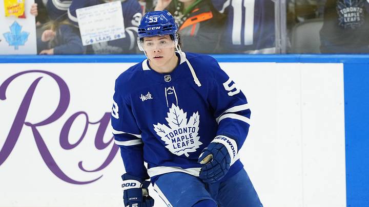 Dec 30, 2025; Toronto, Ontario, CAN; Toronto Maple Leafs right wing Easton Cowan (53) skates during the warmup before a game against the New Jersey Devils at Scotiabank Arena. Mandatory Credit: Nick Turchiaro-Imagn Images