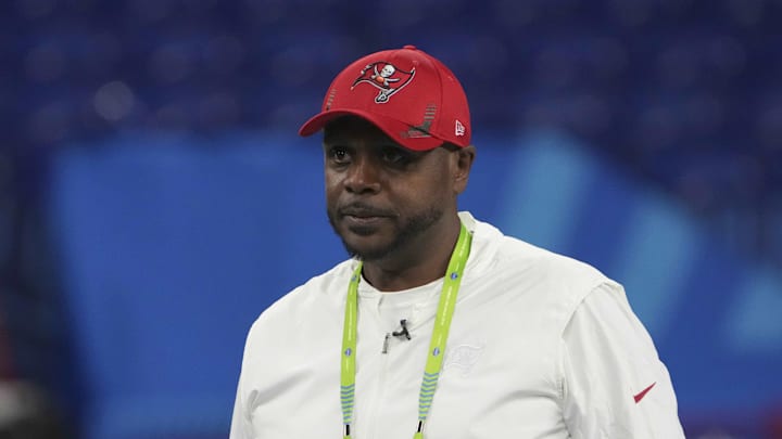Mar 5, 2022; Indianapolis, IN, USA; Tampa Bay Buccaneers coach Kacy Rodgers looks on during drills at the 2022 NFL Scouting Combine at Lucas Oil Stadium. Mandatory Credit: Kirby Lee-Imagn Images