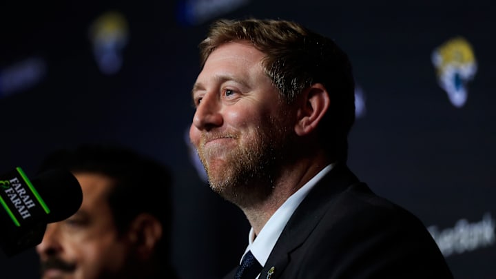 New Jacksonville Jaguars head coach Liam Coen smiles after speaking and being introduced during a press conference Monday, Jan. 27, 2025 at the Miller Electric Center in Jacksonville, Fla. New Jacksonville Jaguars head coach Liam Coen smiles after speaking and being introduced during a press conference Monday, Jan. 27, 2025 at the Miller Electric Center in Jacksonville, Fla.