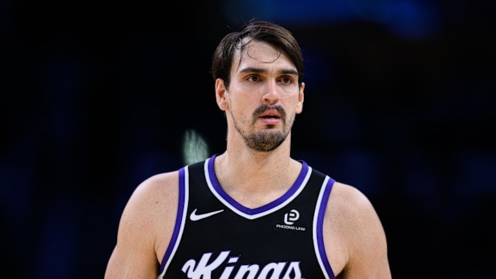 Oct 17, 2025; Los Angeles, California, USA; Sacramento Kings forward Dario Saric (20) looks on during the second half against the Los Angeles Lakers at Crypto.com Arena. Oct 17, 2025; Los Angeles, California, USA; Sacramento Kings forward Dario Saric (20) looks on during the second half against the Los Angeles Lakers at Crypto.com Arena.