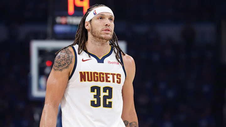 May 18, 2025; Oklahoma City, Oklahoma, USA; Denver Nuggets forward Aaron Gordon (32) looks down the court against the Oklahoma City Thunder in the second quarter during game seven of the second round for the 2025 NBA Playoffs at Paycom Center.