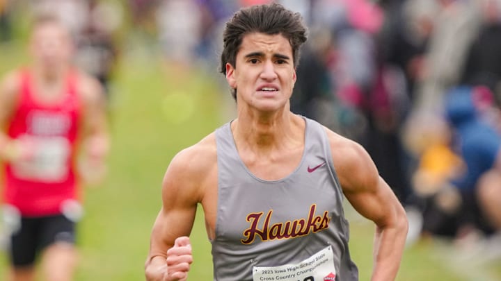Ethan Zuber of Ankeny wins the 4A boys state cross country championship race in Fort Dodge, Friday, Oct. 27, 2023.