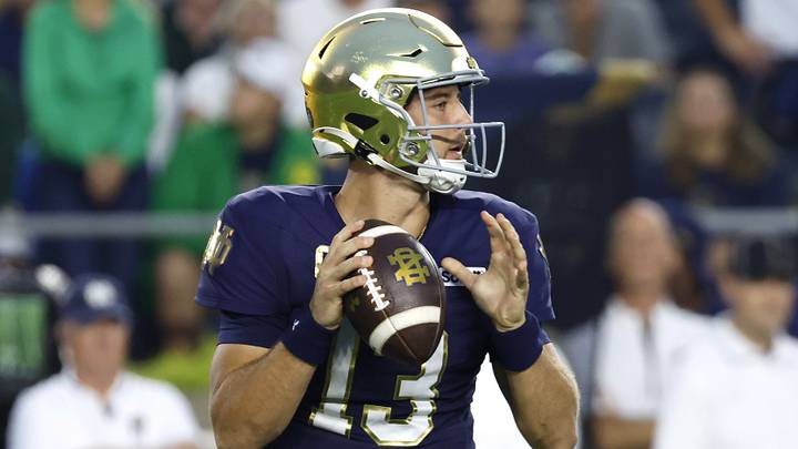 Sep 19, 2026; South Bend, Indiana, USA; Notre Dame Fighting Irish quarterback CJ Carr (13) looks to pass against the Michigan State Spartans during the first half at Notre Dame Stadium. Sep 19, 2026; South Bend, Indiana, USA; Notre Dame Fighting Irish quarterback CJ Carr (13) looks to pass against the Michigan State Spartans during the first half at Notre Dame Stadium.