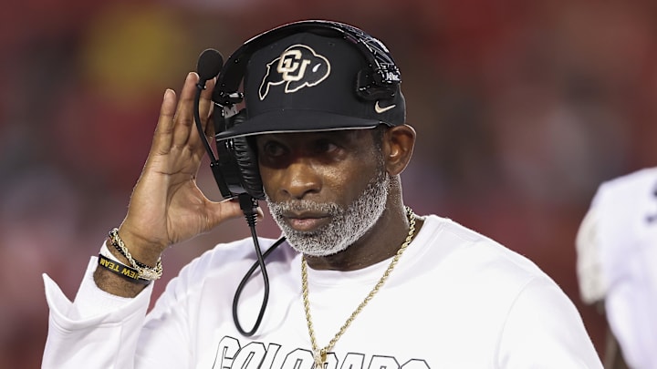 Sep 12, 2025; Houston, Texas, USA; Colorado Buffaloes head coach Deion Sanders reacts during the second quarter against the Houston Cougars at TDECU Stadium. Mandatory Credit: Troy Taormina-Imagn Images