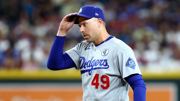 Jun 2, 2026; Phoenix, Arizona, USA; Los Angeles Dodgers pitcher Blake Treinen reacts against the Arizona Diamondbacks at Chase Field. Mandatory Credit: Mark J. Rebilas-Imagn Images Jun 2, 2026; Phoenix, Arizona, USA; Los Angeles Dodgers pitcher Blake Treinen reacts against the Arizona Diamondbacks at Chase Field. Mandatory Credit: Mark J. Rebilas-Imagn Images